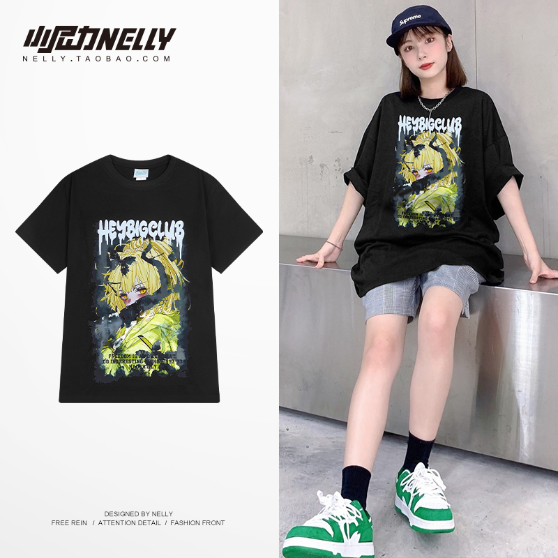 欧美潮牌卡通短袖t恤女男宽松街头风嘻哈潮酷半袖oversize上衣夏