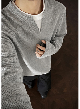 ins重磅假两件圆领卫衣男女美式宽松叠穿内搭上衣华夫格长袖t恤