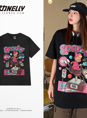 2026夏季新款情侣装短袖T恤男手绘卡通印花圆领宽松韩版潮流半袖