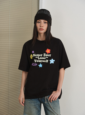 美式hiphop重磅短袖T恤男女夏季ins潮牌字母小花复古宽松圆领上衣