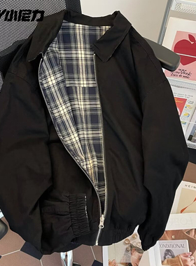 NELY小尼力复古格子双面穿拼接翻领夹克男女ins潮飞行员工装外套