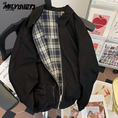 格子双面穿拼接翻夹克