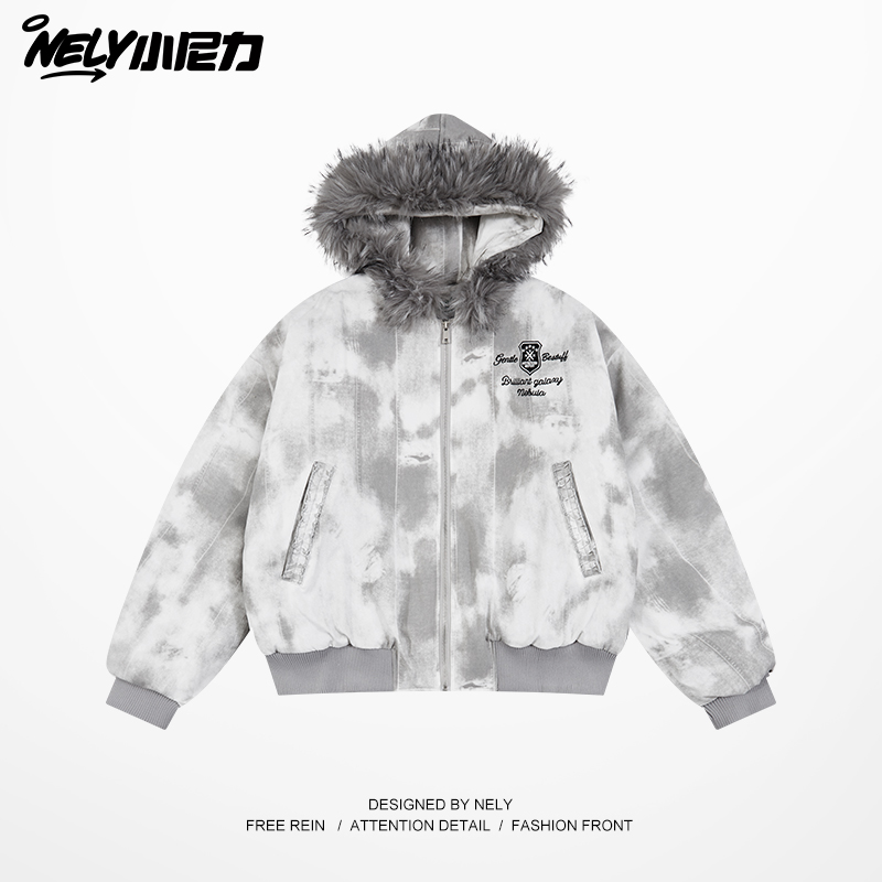 潮牌棉衣毛领扎染夹克