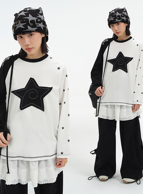 NELY小尼力索罗娜凉感星星贴布绣少女插肩长袖y2k亚文化宽松t恤潮