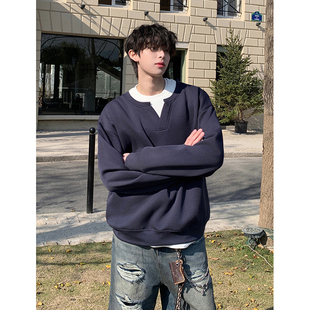 美式亨利领正肩长袖t恤男秋冬加厚银狐绒重磅卫衣立领白色打底衫