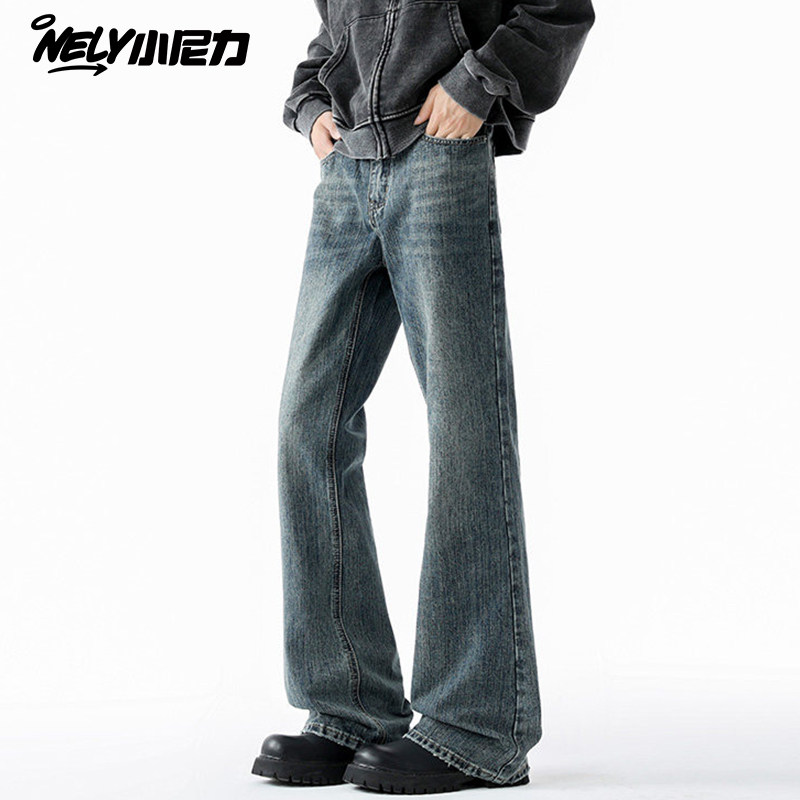 美式喇叭牛仔裤男冬季潮牌水洗做旧阔腿裤子高街vibe直筒休闲长裤