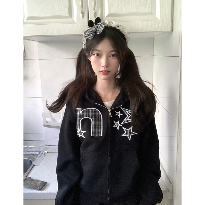 NELY小尼力2025秋季新款格子字母贴布绣连帽卫衣男女帽衫潮牌外套