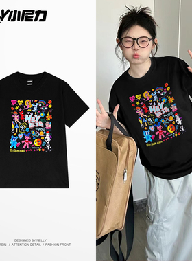 NELY小尼力t恤男女夏季新款可爱卡通印花圆领宽松纯棉短袖衫上衣