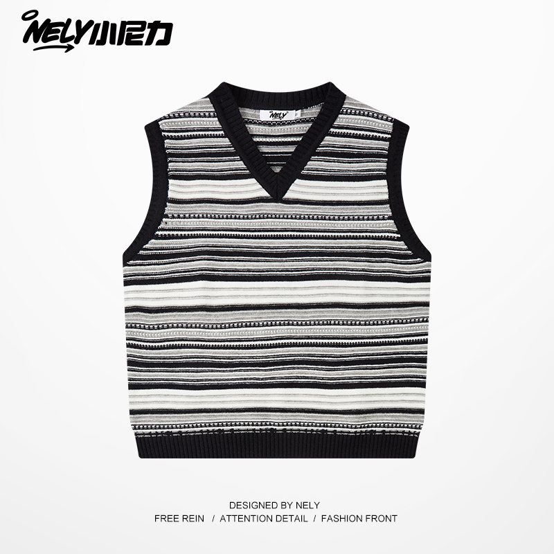 小尼力复古条纹马甲背心毛衣
