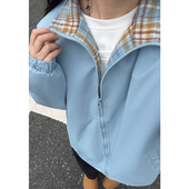 蓝色格子内衬夹克男生春秋张色拼接设计感外套潮牌立领情侣棒球服