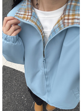 蓝色格子内衬夹克男生春秋张色拼接设计感外套潮牌立领情侣棒球服