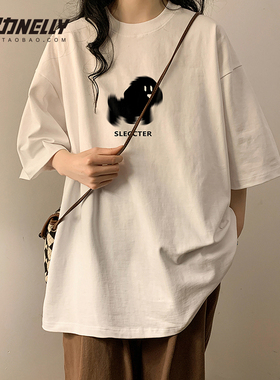 ins夏季新款oversize小狗印花短袖体恤男女bf简约百搭学生纯棉t恤