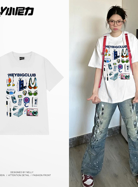 NELY小尼力美式复古卡通手机印花短袖T恤男女夏2026情侣半袖上衣