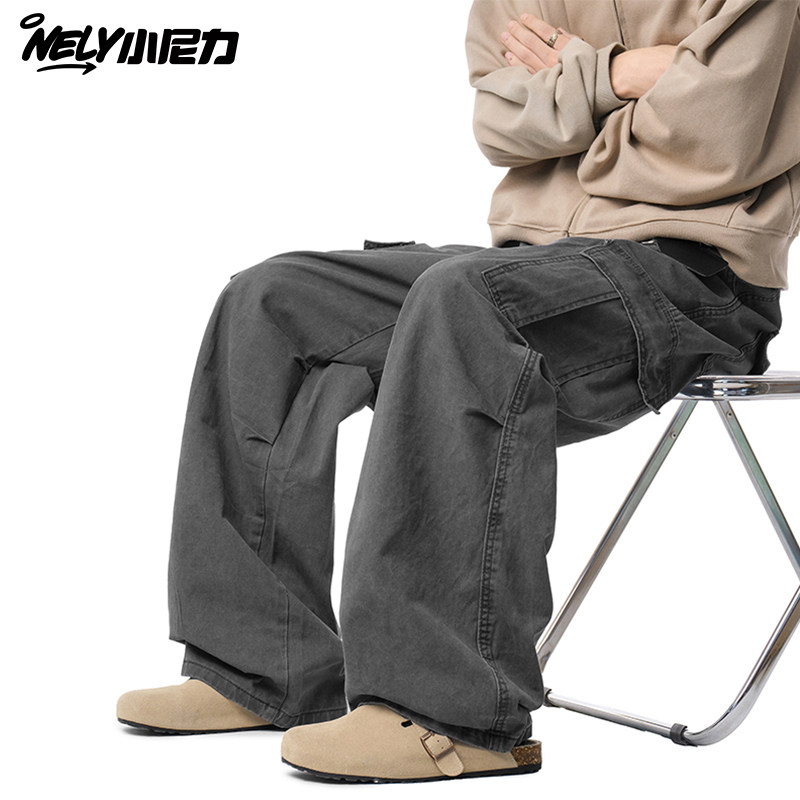 小尼力美式多口袋深灰色伐木工装裤水洗直筒宽松机能潮牌男休闲,男装,休闲裤,淘宝优惠券,粉丝福利购,淘宝优惠卷