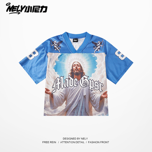 网眼透气V领短袖t恤男女款夏季美式复古冰丝球衣潮牌街头运动体恤