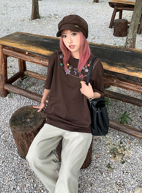 ins项链印花短袖T恤男女重磅凉感潮牌oversize宽松学院风上衣服
