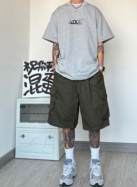 美式潮流军绿色纯棉运动短裤男宽松工装裤子夏季多口袋休闲五分裤