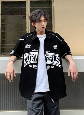 美式复古国潮街头慵懒风宽松短袖衬衫男女设计感小众衬衣夏季上衣