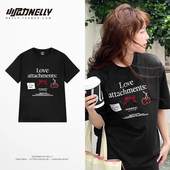 潮流上衣服男女 t恤情侣痞帅夏季 美式 复古设计字母蝴蝶结印花短袖