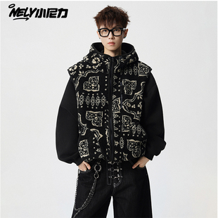 民族风羊羔毛马甲厚款背心男加肥加大码潮牌胖子宽松连帽冬装保暖