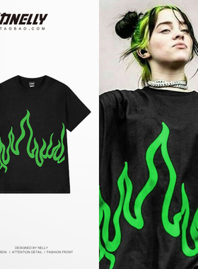 oversize个性绿色火焰印花国潮牌短袖T恤男女时尚宽松情侣体恤衫
