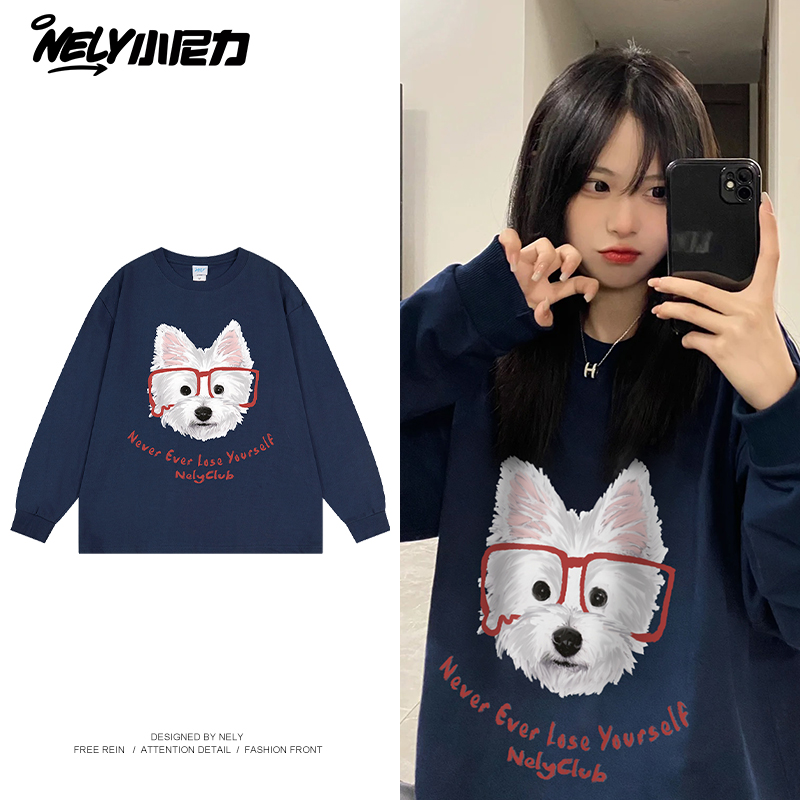 INS小狗纯棉印花长袖T恤