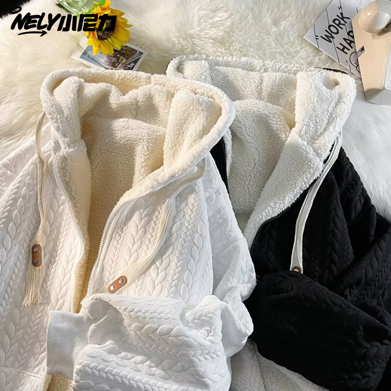 羊羔绒重磅麻花纹连帽卫衣