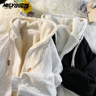 羊羔绒重磅麻花纹连帽卫衣