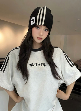 NELY小尼力国潮牌情侣美式拼接条纹短袖宽松半袖T恤男女oversize