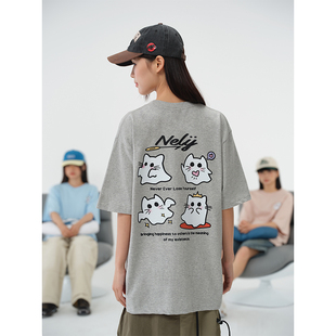 T恤男女宽松慵懒风情侣半袖 NELY小尼力潮牌夏季 卡通猫咪纯棉短袖