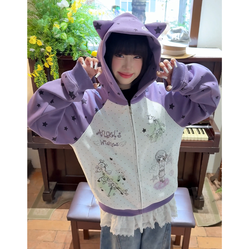 nely五角星Y2K连帽拉链卫衣