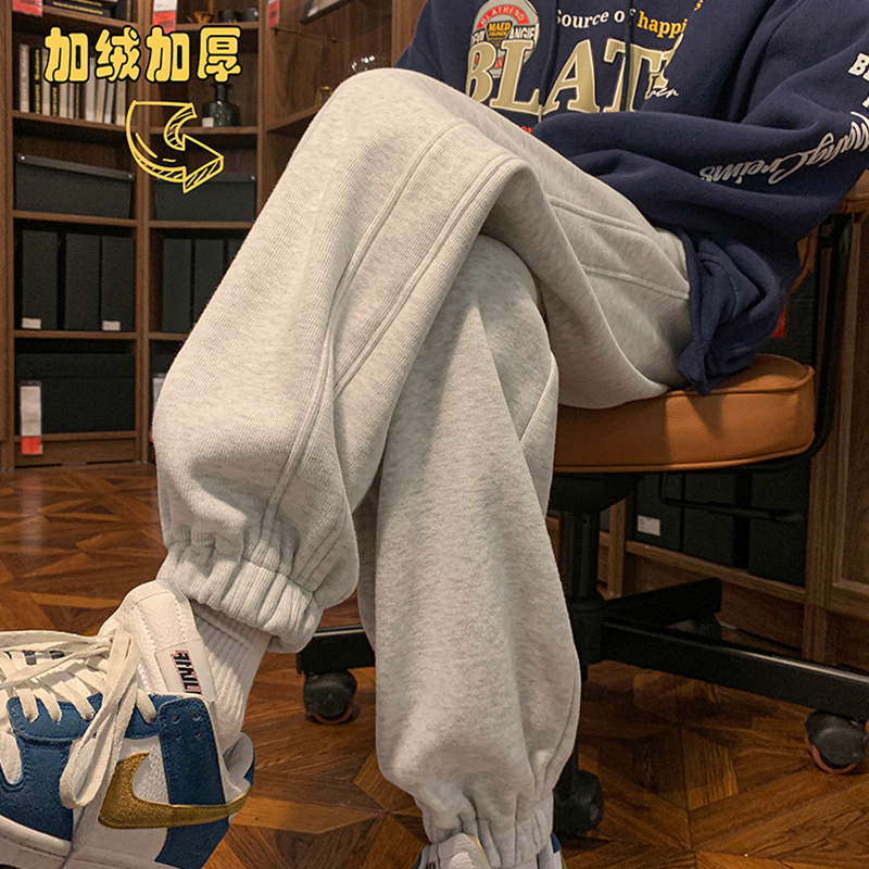 小尼力灰色加绒运动束腿长裤