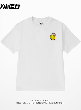 NELY小尼力美式刺绣短袖男女2026夏季新款重磅半袖宽松情侣T恤潮