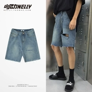 Nhật Bản thương hiệu thời trang đường phố Harajuku hip-hop lỗ quần short denim suy đồi kích thước lớn nam và nữ quần năm điểm bf - Quần short