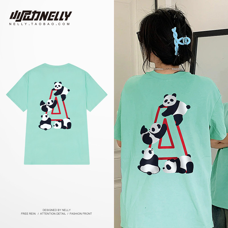 熊猫嘻哈ins夏季男士上衣运动休闲针织宽松潮流短袖t恤男女bf风