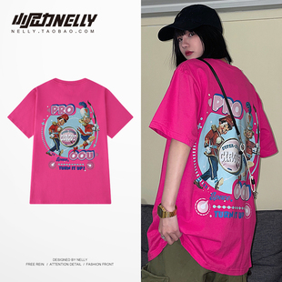 背后卡通动物图案印花短袖T恤男女新款宽松运动休闲个性半袖体恤