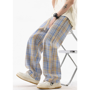 美式复古格子裤子男春季重磅宽松阔腿拖地长裤潮牌百搭直筒休闲裤