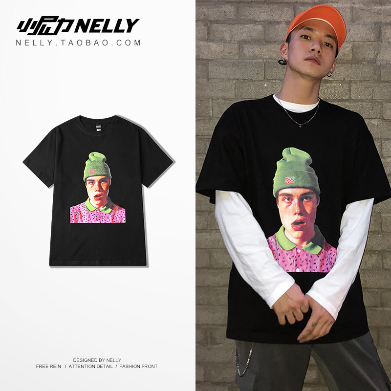 复古夏季潮牌欧美嘻哈短袖男潮宽松印花oversize半袖bf风黑色T恤