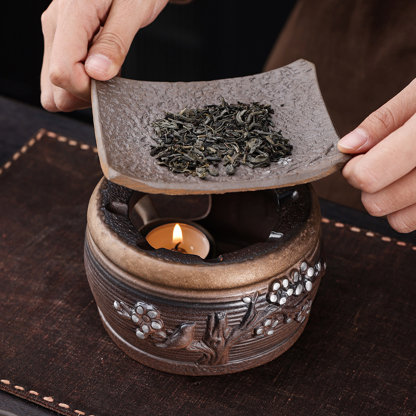 日式粗陶蜡烛加热茶香炉