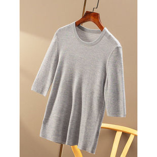 ￥369 春天家精纺60羊毛真丝圆领中袖 针织衫 毛衣T恤女5Y74 秒