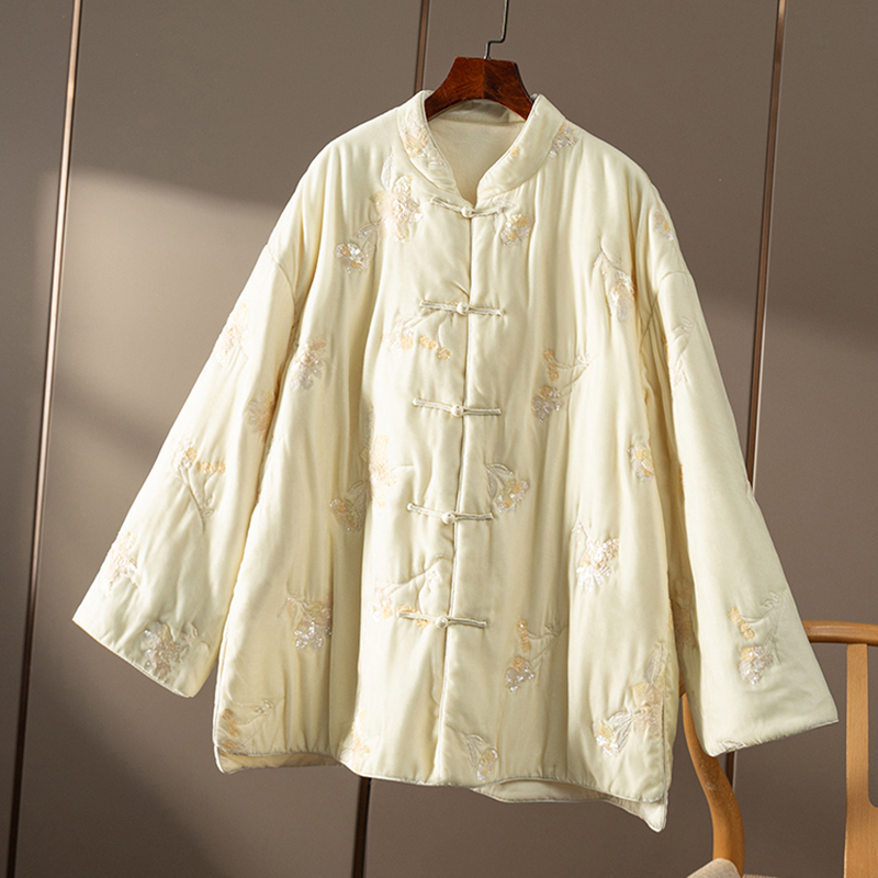 HH￥1180 秒！春天家新中式珠片刺绣真丝丝绒羊毛棉服外套女8J64