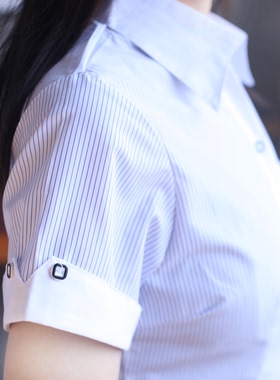 夏季新短袖衬衫女职业装蓝色条纹免烫半袖衬衣工装办公长袖马蹄袖