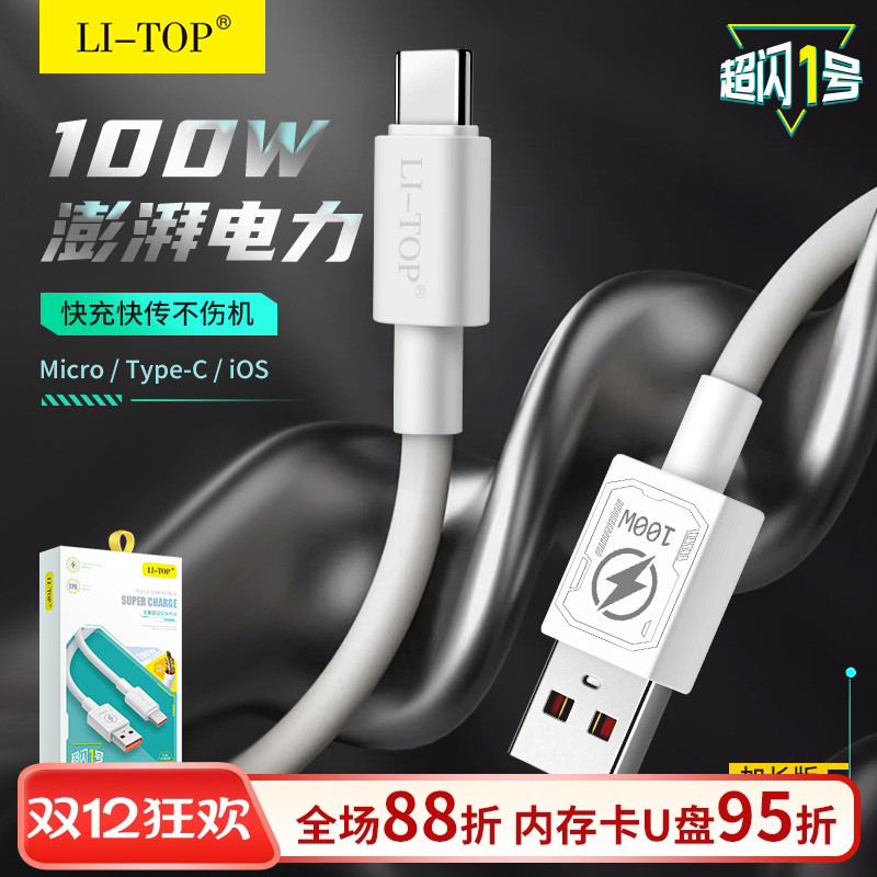 力拓1.2m单头100WType-C快充电线