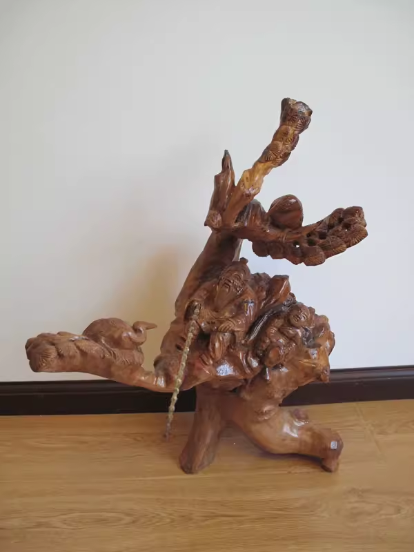 民間天然根雕木雕家居飾品工藝品人物擺件-爺孫垂釣仙鶴55cm