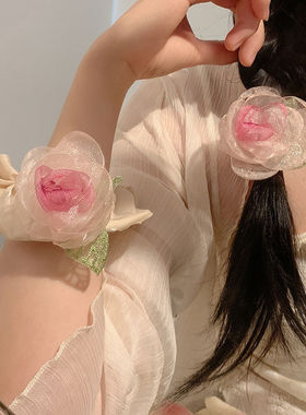 甜美森系山茶花朵发圈女干枯玫瑰