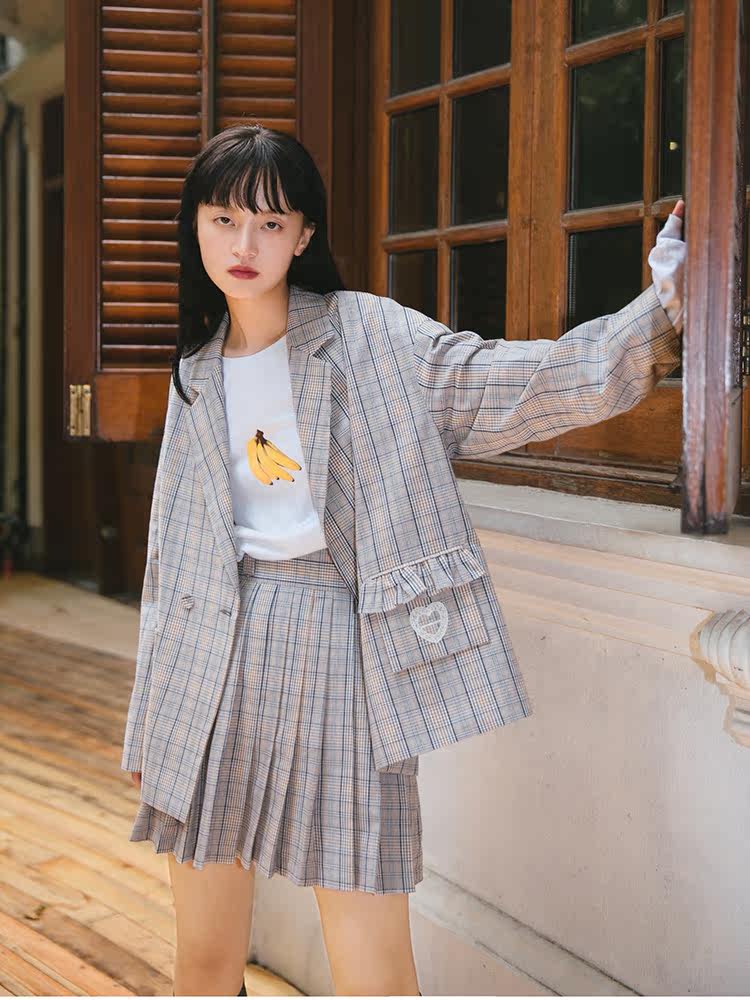 Nap homemade Japanese early spring two-piece suit Foreign school age-reducing student Plaid blazer pleated skirt JK suit
