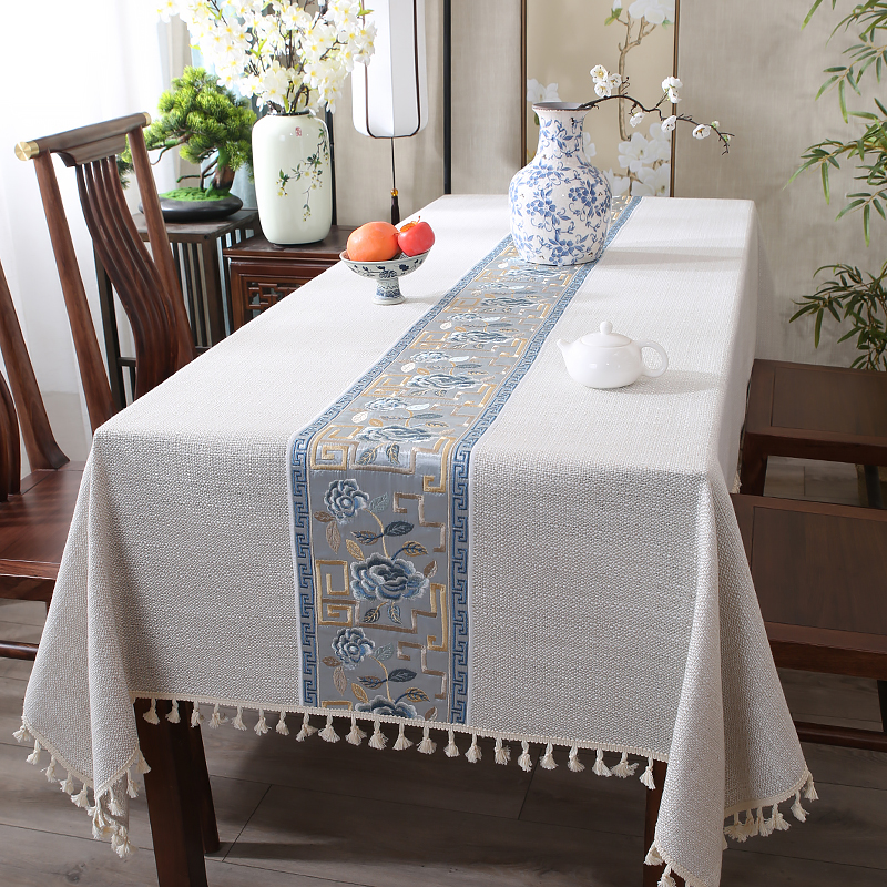 高端刺绣国风亚麻餐桌布