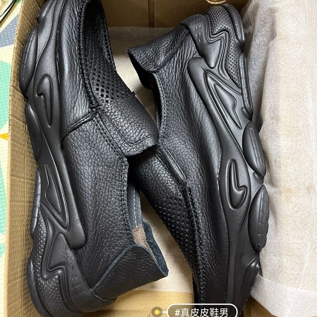 头层牛皮男款打孔镂空网眼皮鞋春夏厚底防滑一脚蹬专业运动底透气