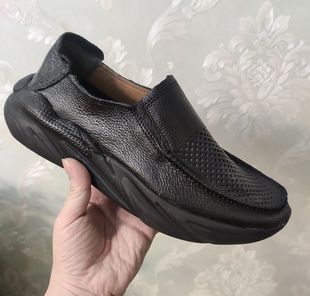 头层牛皮男款春夏透气网眼休闲皮鞋真皮薄牛皮一脚蹬工作鞋牛皮鞋