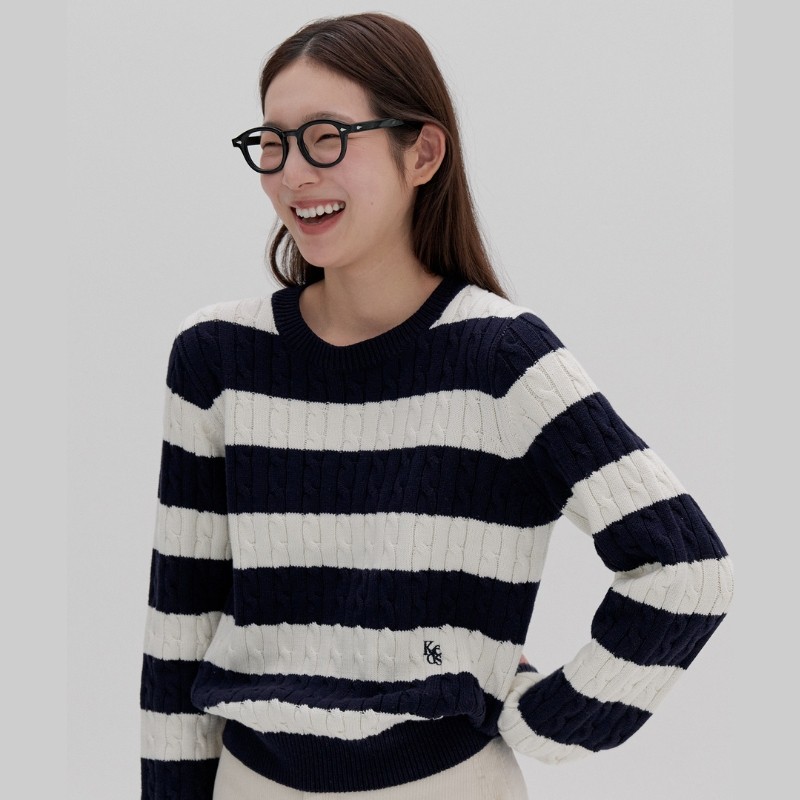 韩国代购keds23fw新款条纹长袖毛衣 圆领全棉经典款设计复古